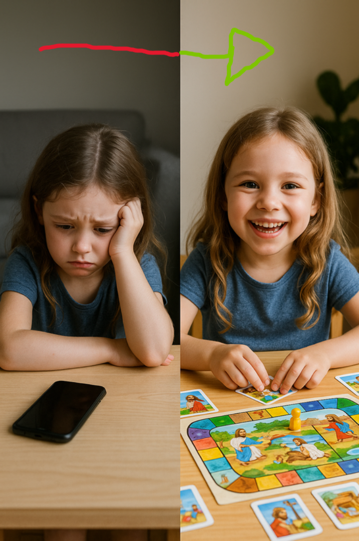Antes y después — celular vs juego bíblico